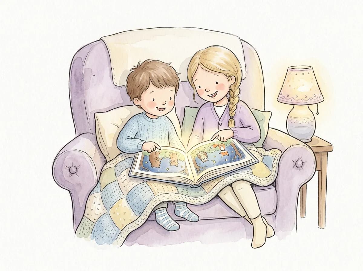 Two siblings sharing a glowing storybook on a cozy armchair under warm lamplight