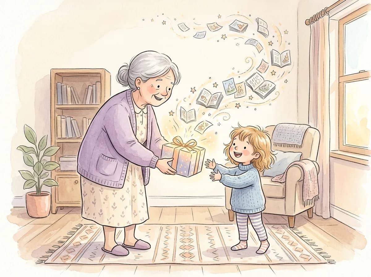 Grandmother handing a glowing gift box to a delighted child as storybook pages float out