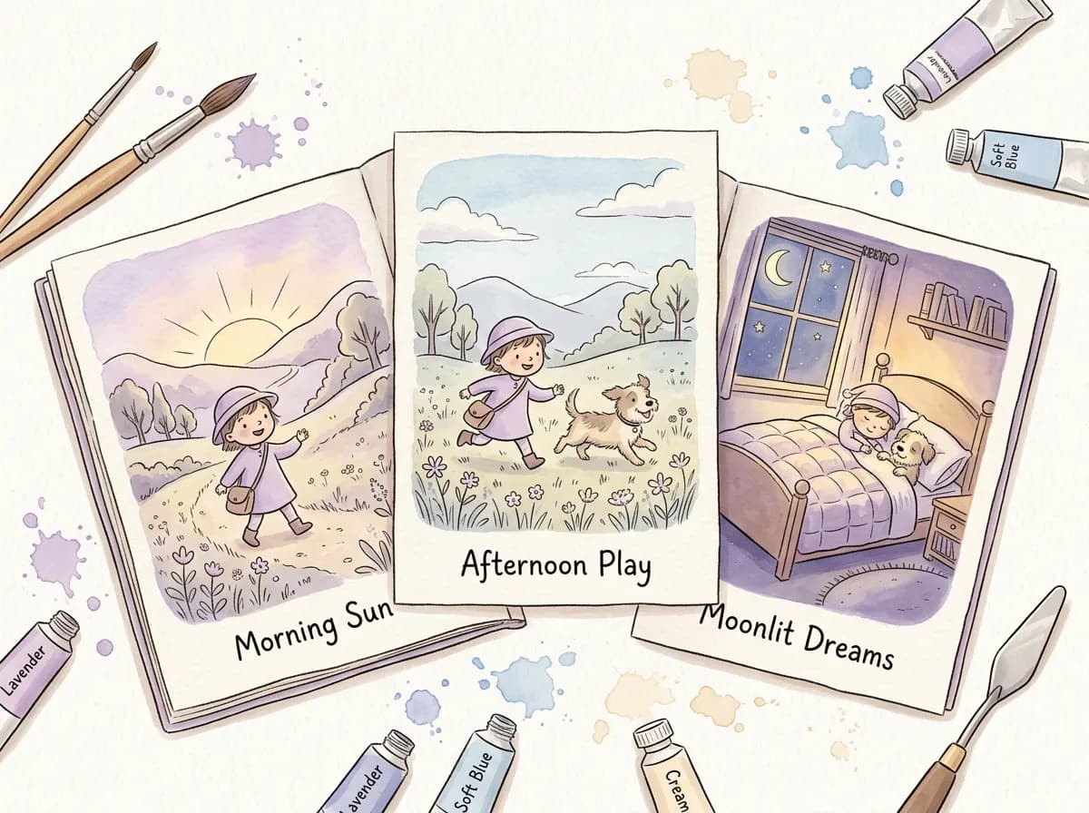 Six illustrated pages of a Night Night bedtime story