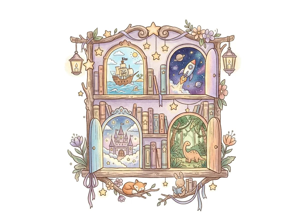 Magical doorways opening to different story worlds — pirates, space, fairy tales, and dinosaurs