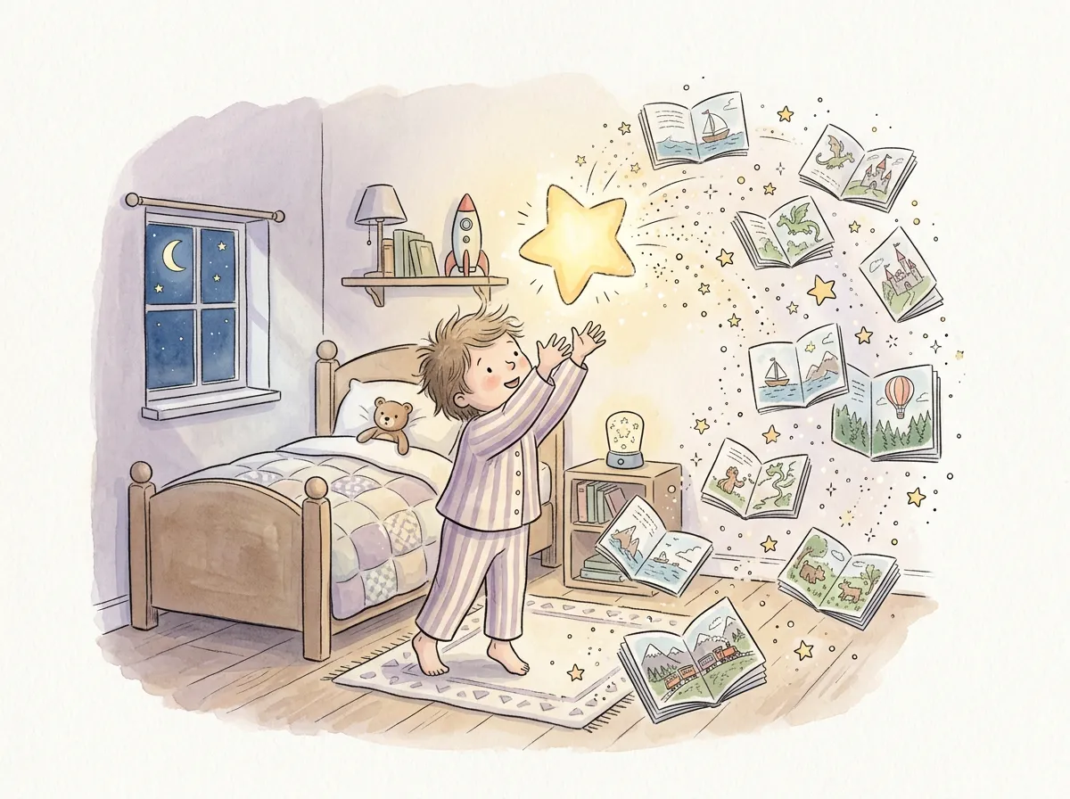 Child in pajamas touching a glowing star that bursts into floating storybook pages