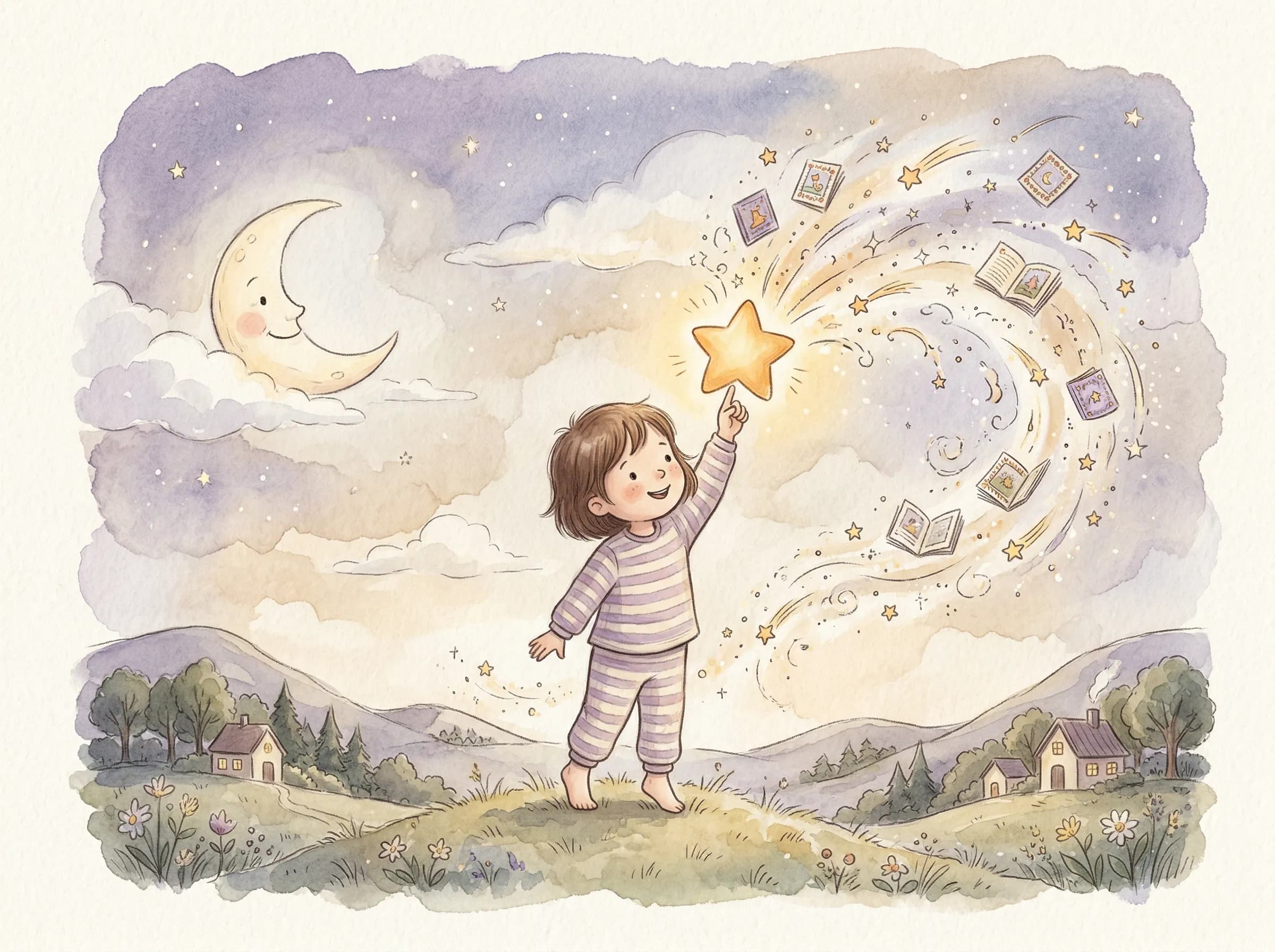Child in pajamas touching a glowing star that bursts into storybook pages and sparkles