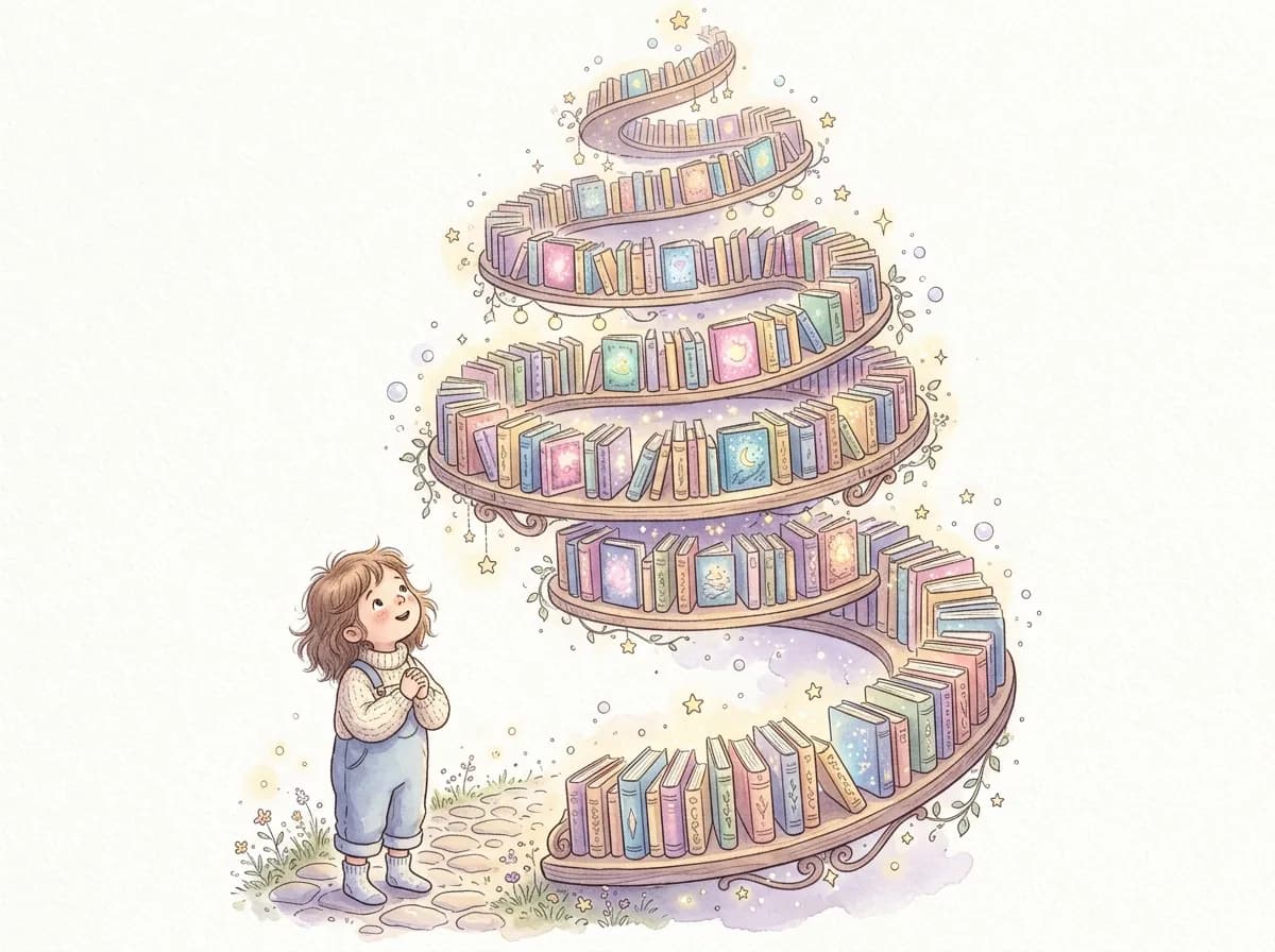Magical floating library with colorful storybooks spiraling upward on whimsical shelves
