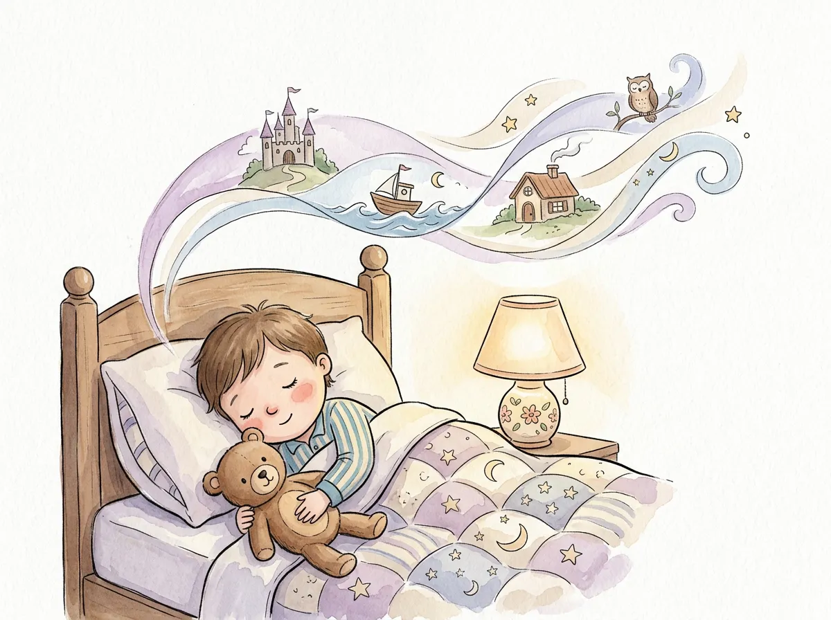 Child tucked in bed listening to a story as gentle sound waves carry storybook scenes