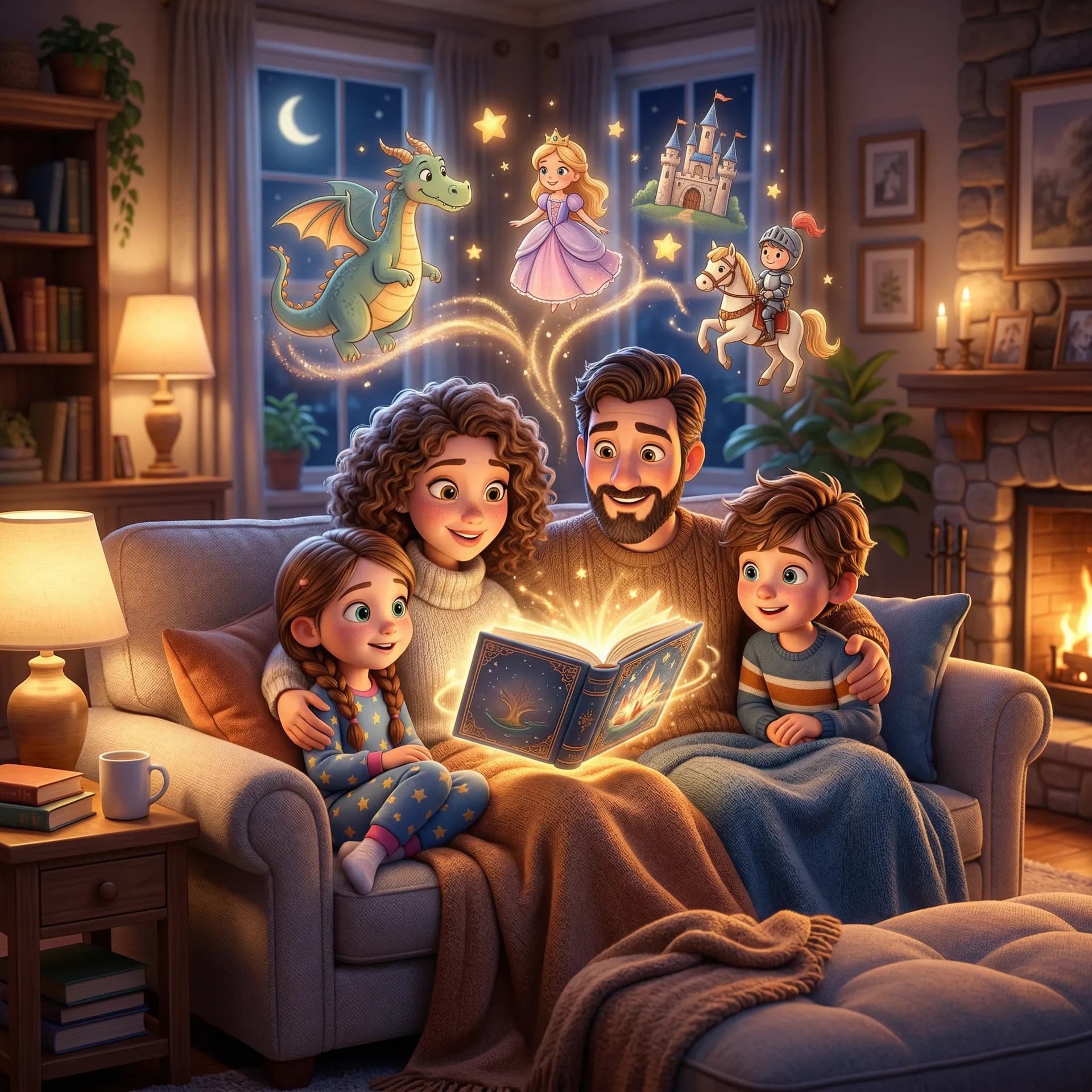 Family reading a bedtime story together on a sofa