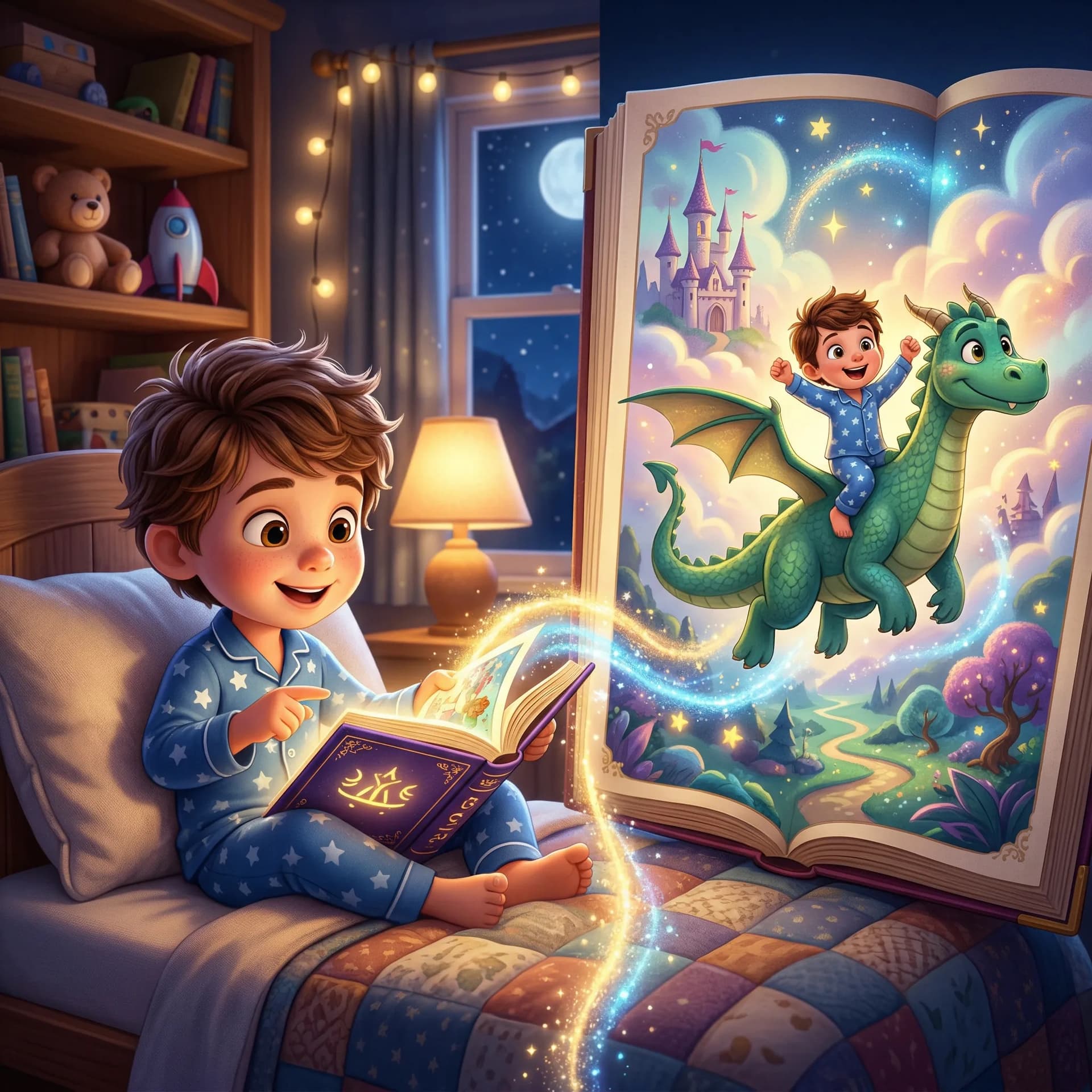 Child smiling while seeing themselves appear inside a bedtime story