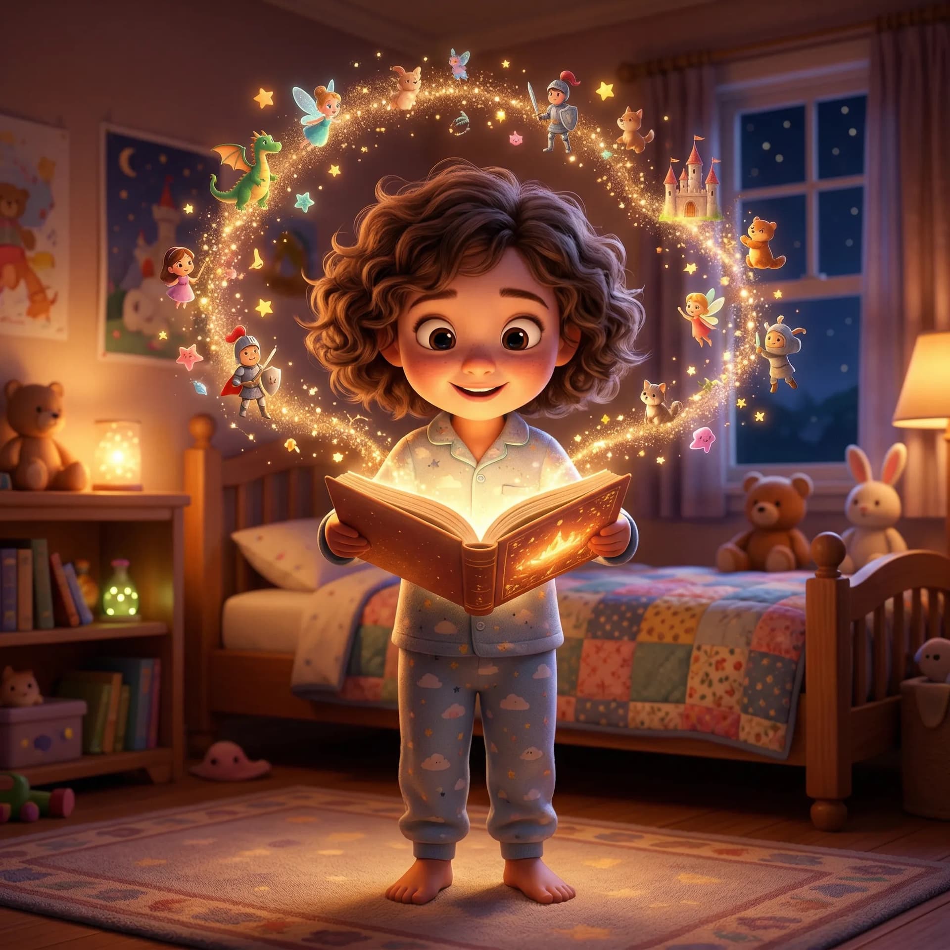 Child holding a favorite bedtime story book and looking at it with delight