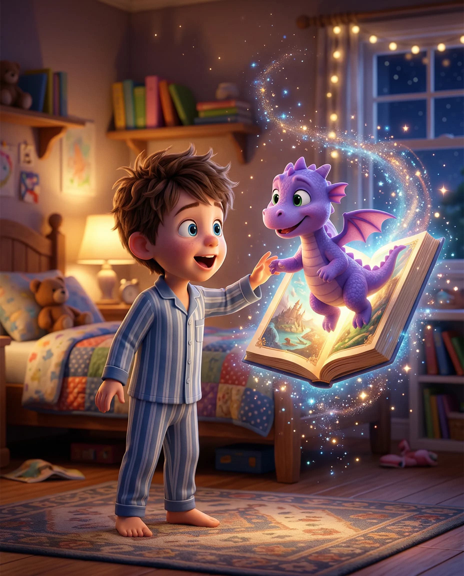 Child reacting with wonder while meeting a story character inspired by themselves