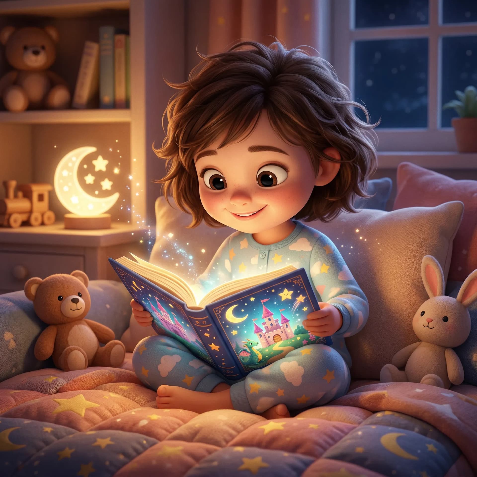 Parent reading a glowing bedtime story book beside a child