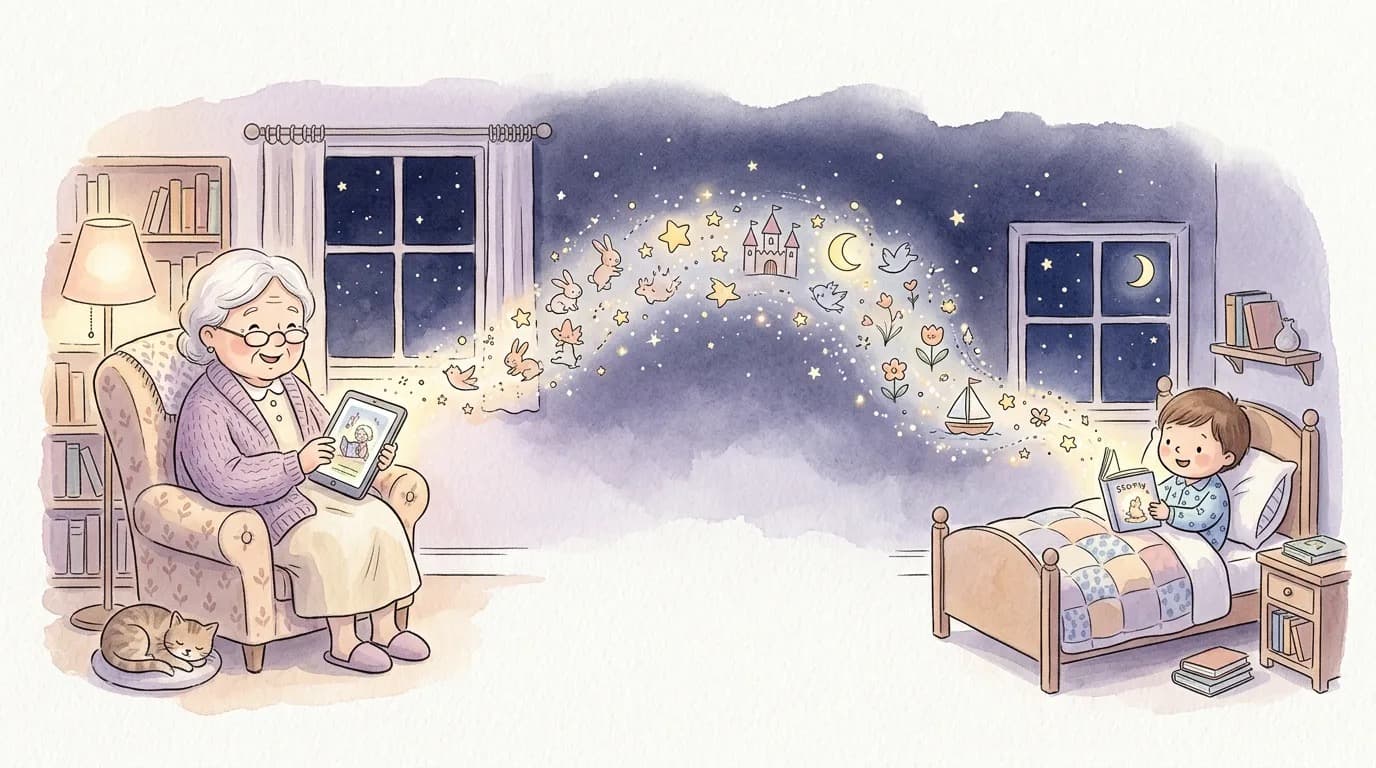 A grandparent reading a personalized story over video call