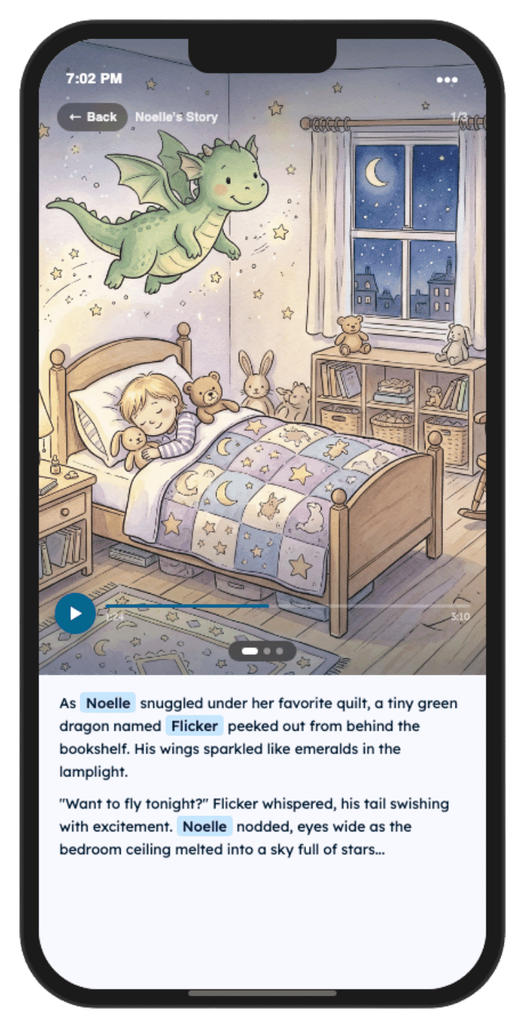 Night Night app showing a dragon bedtime story with illustrations