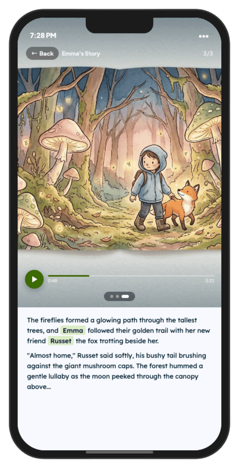 Night Night app showing a personalized forest adventure story