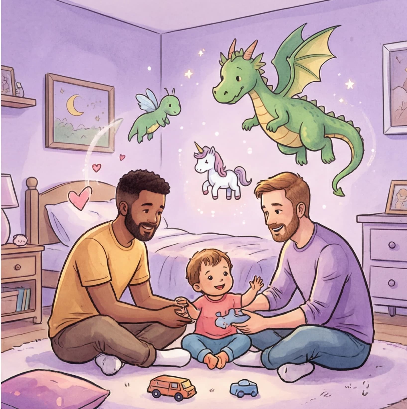 A family together in a personalized bedtime story illustration