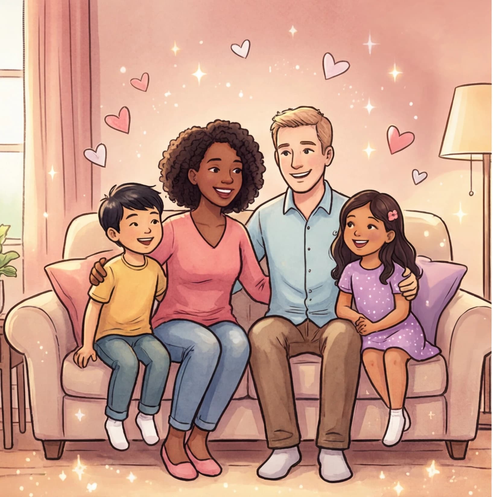 An adoptive family reading a personalized bedtime story together on the sofa