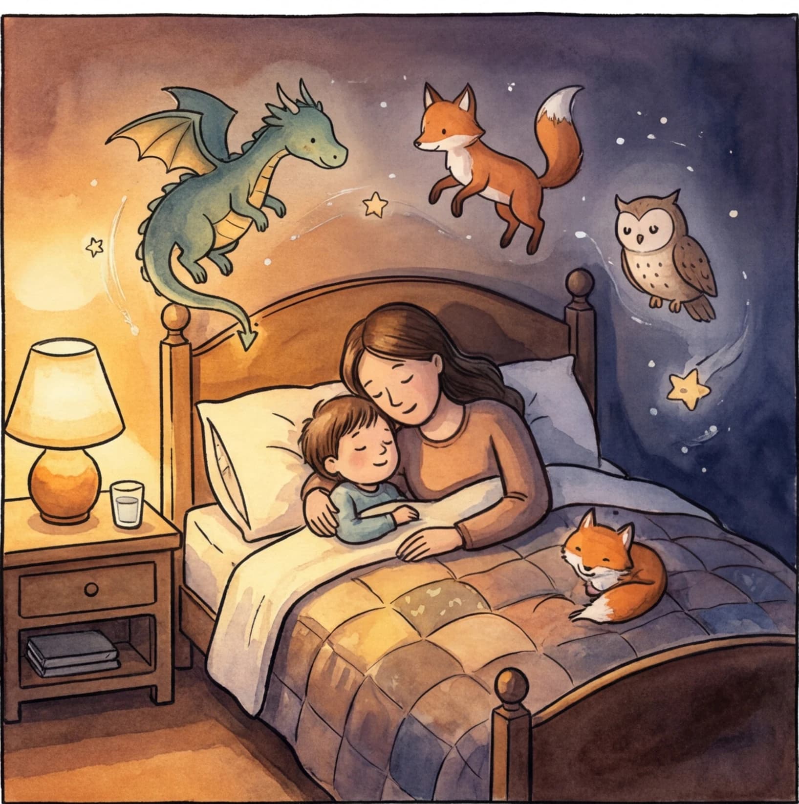A parent and child in a warm bedtime ritual
