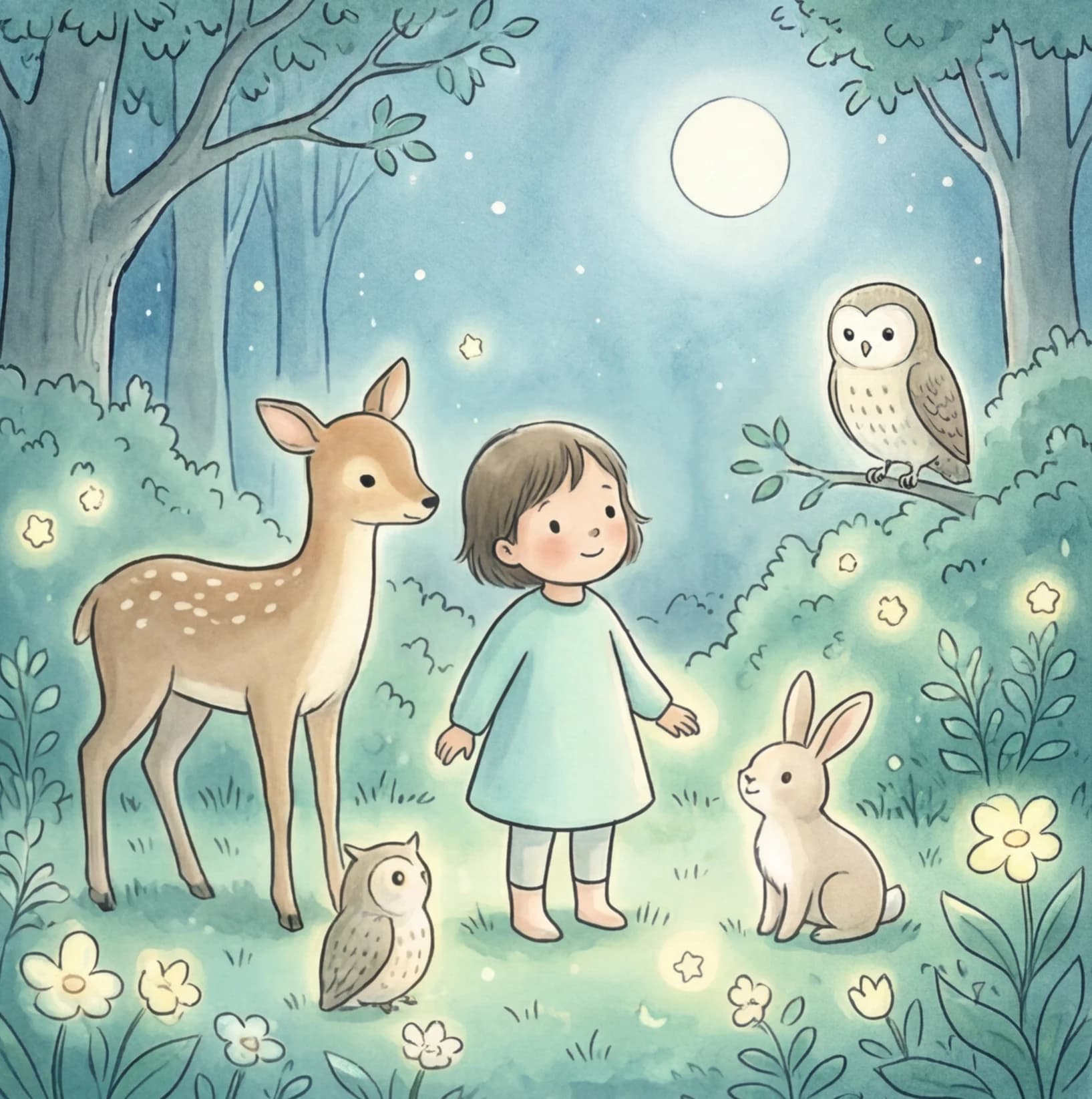 A soft, gentle illustration of a bedtime story world