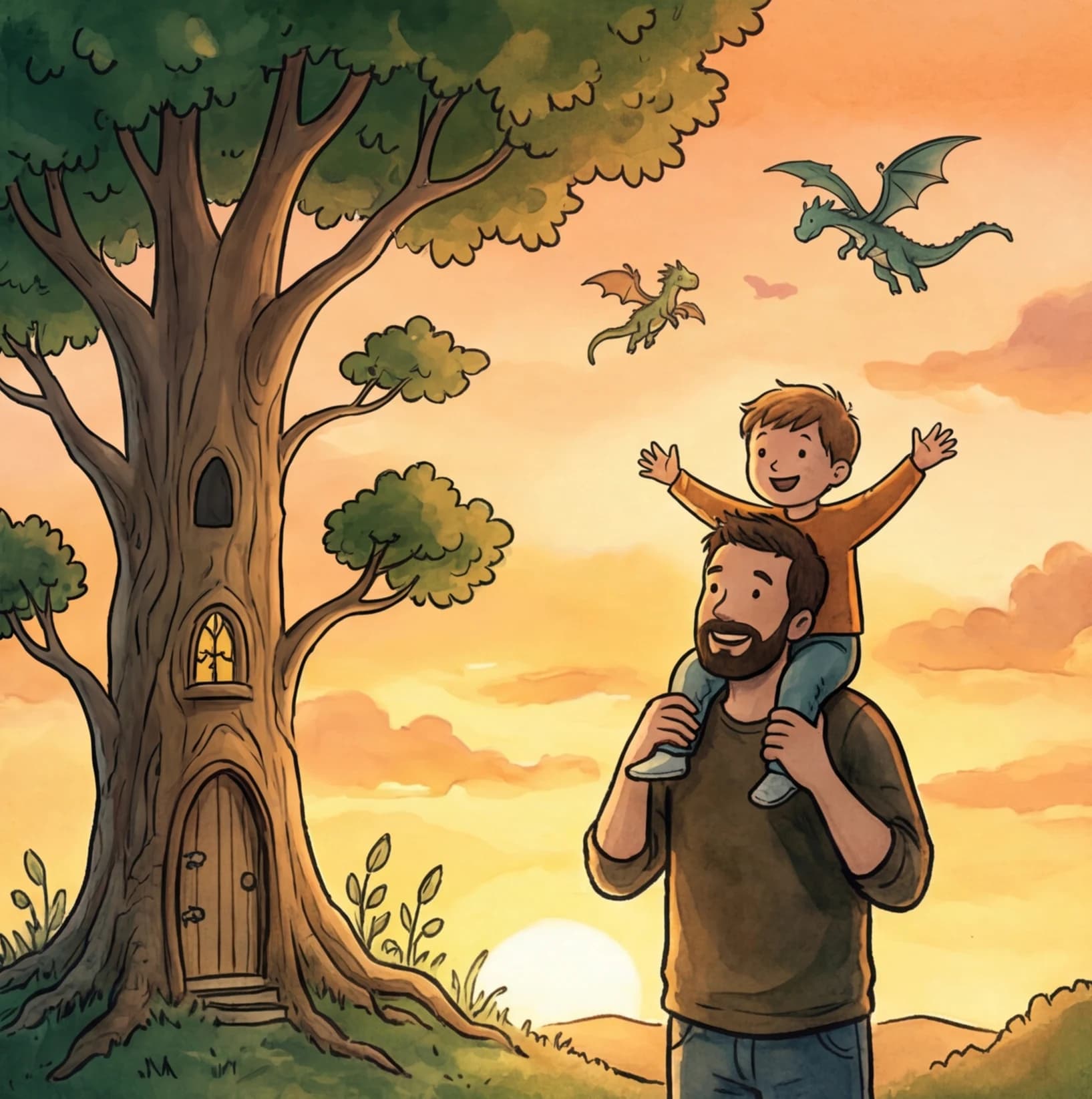 A child in pajamas posing as a superhero with their dad
