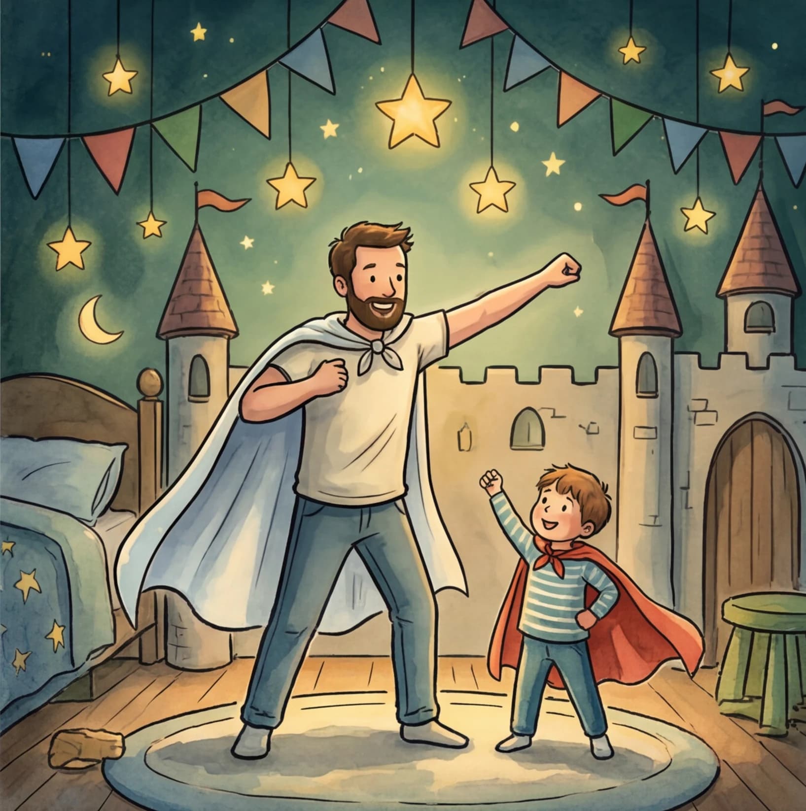A dad pressing play on a narrated bedtime story