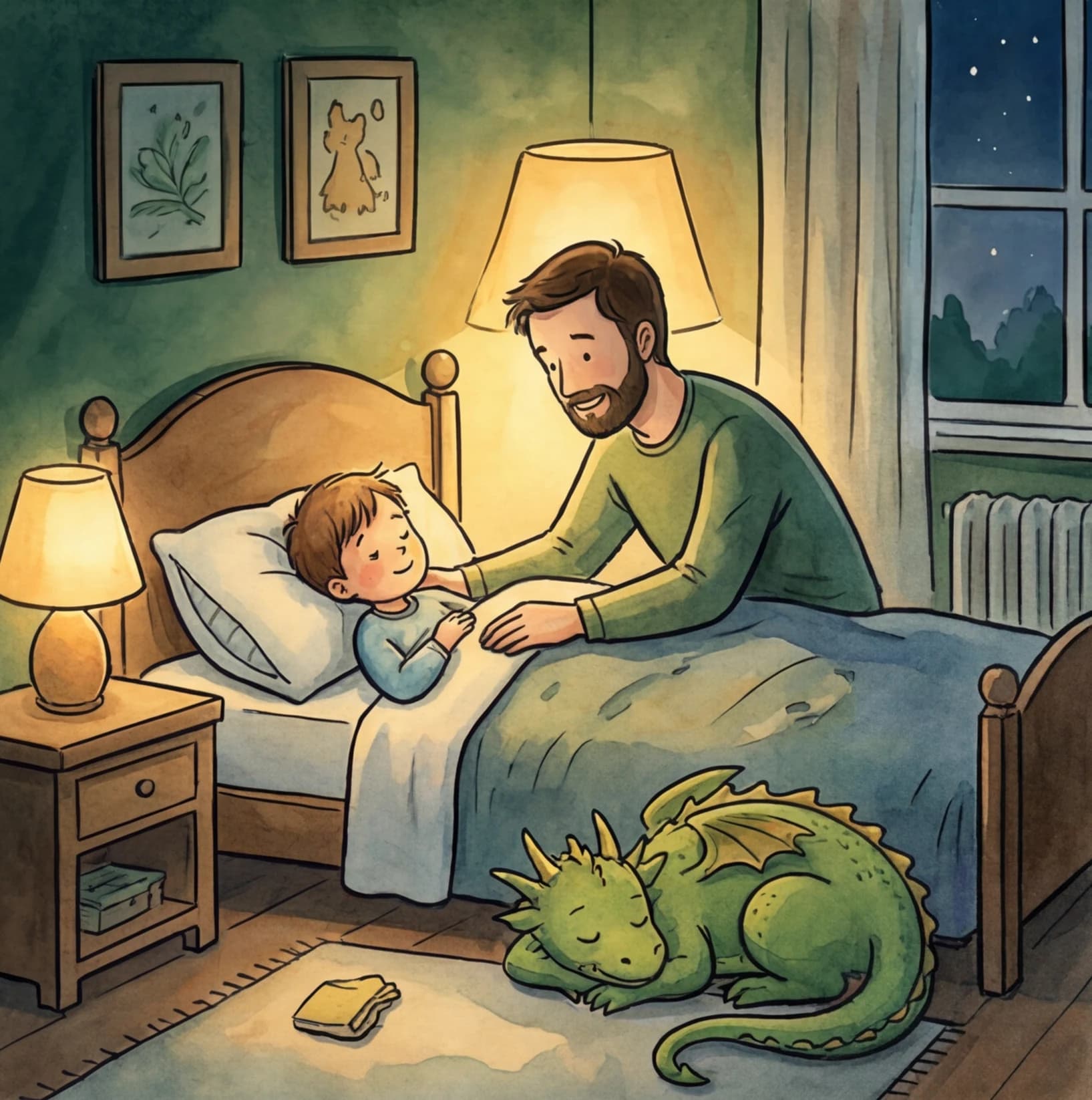 A comic-book-style personalized bedtime story illustration