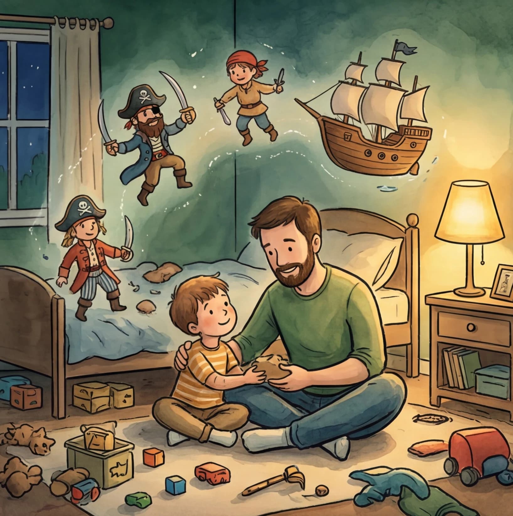 A dad reading a personalized illustrated bedtime story to his son