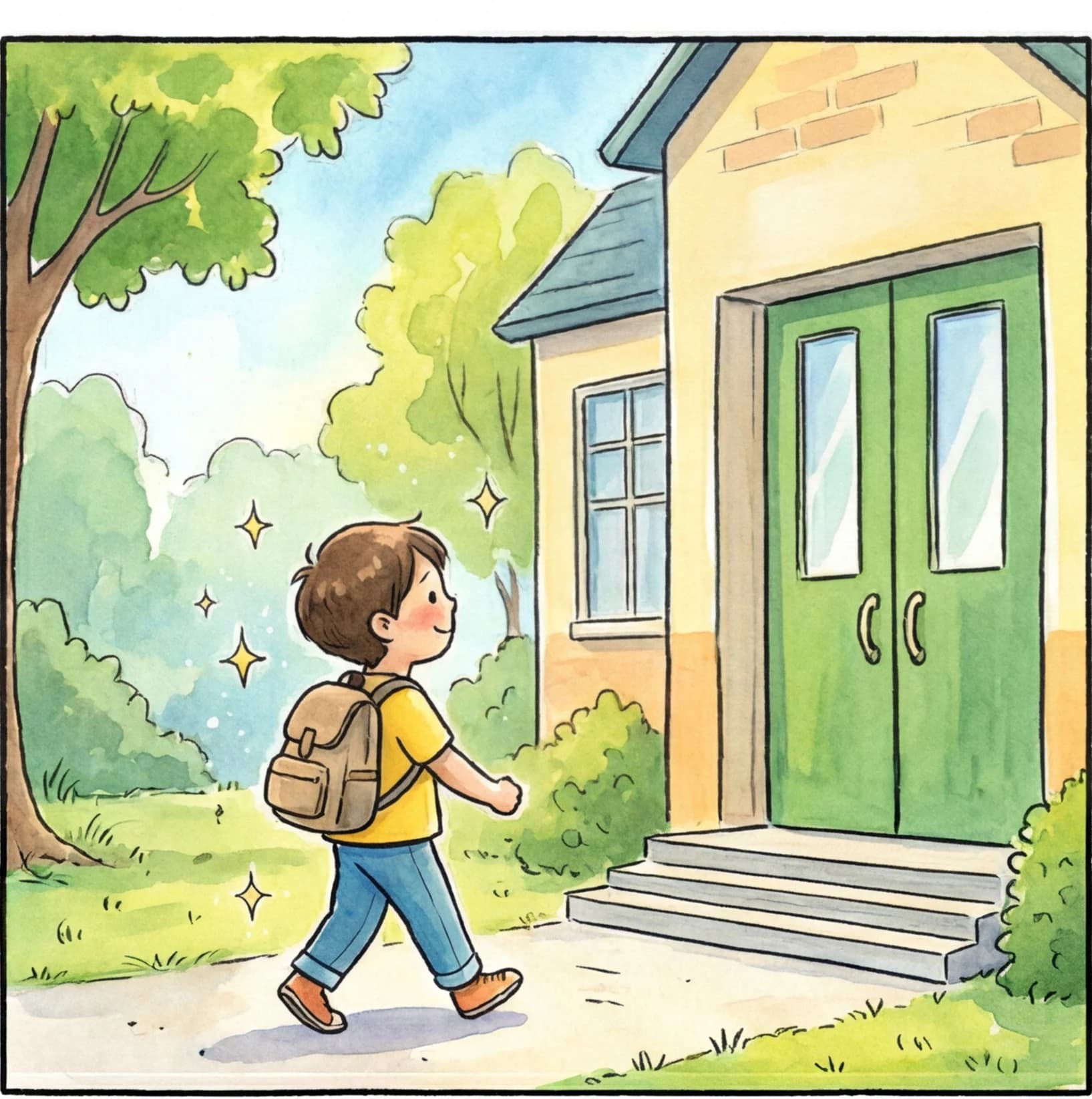 A child looking at their new school in a personalized story