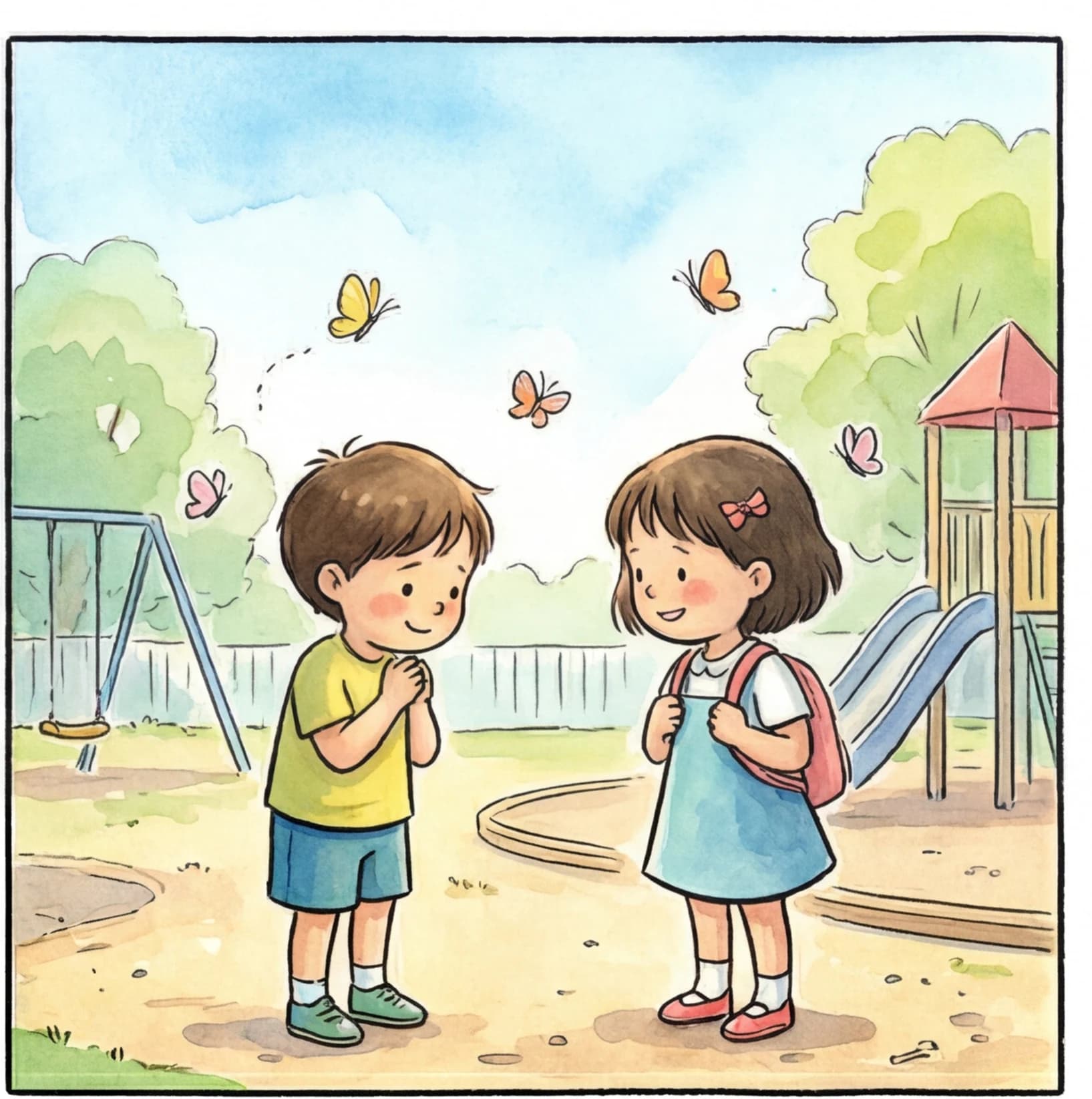 A child meeting a new friend at school in a bedtime story
