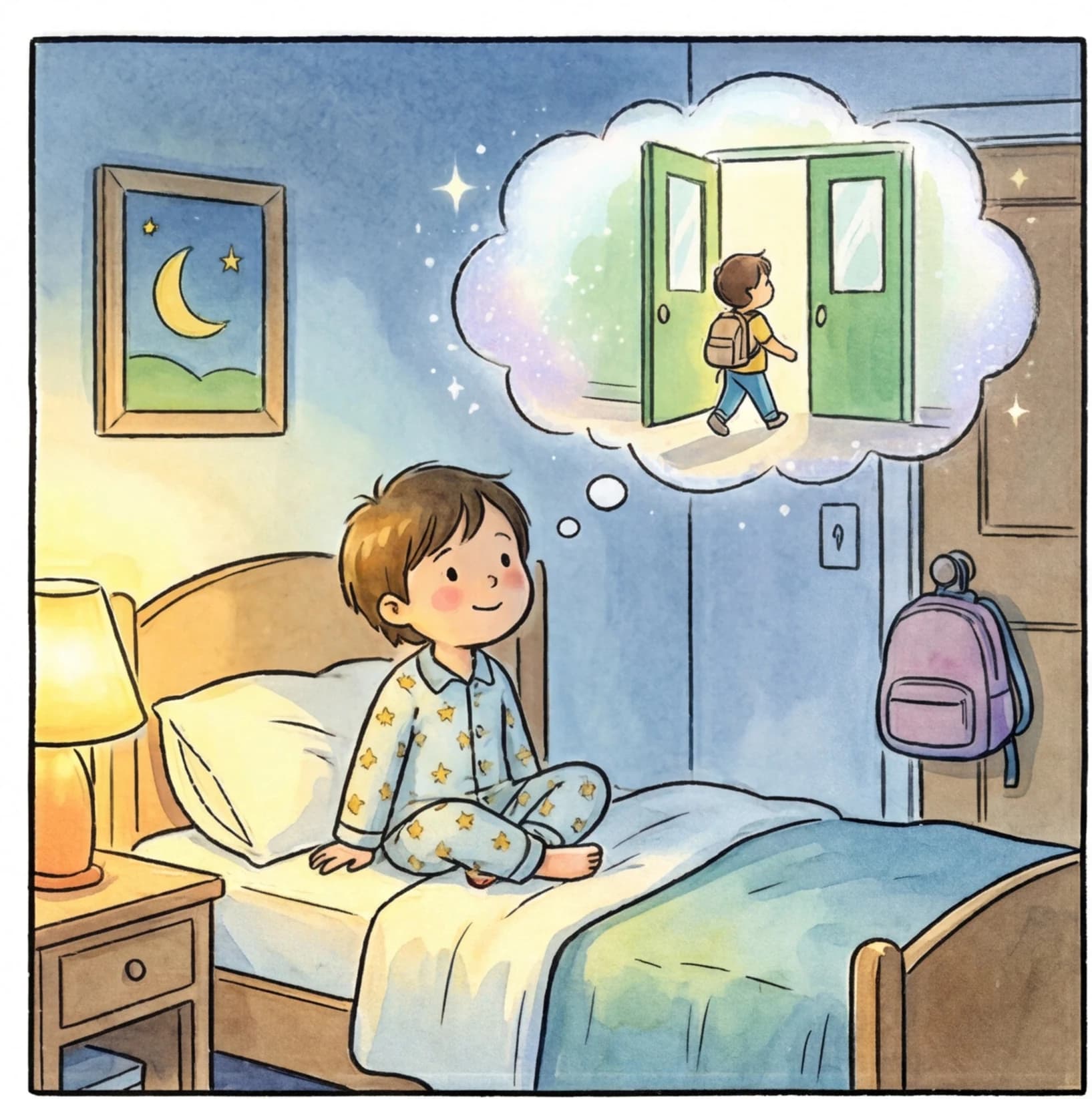 A child in pajamas preparing for their first day of school with a bedtime story
