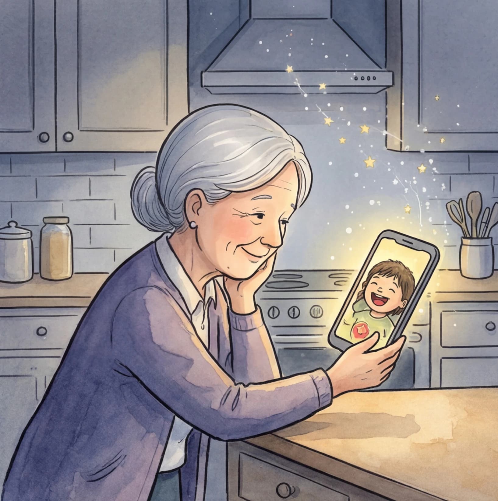 A grandparent and grandchild reading a bedtime story on FaceTime