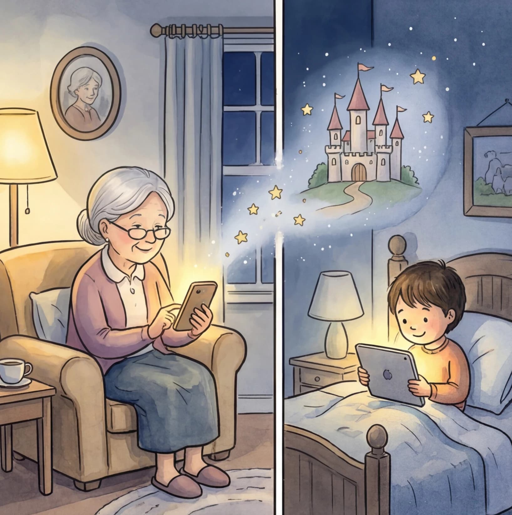 A grandparent reading a bedtime story over a video call to their grandchild