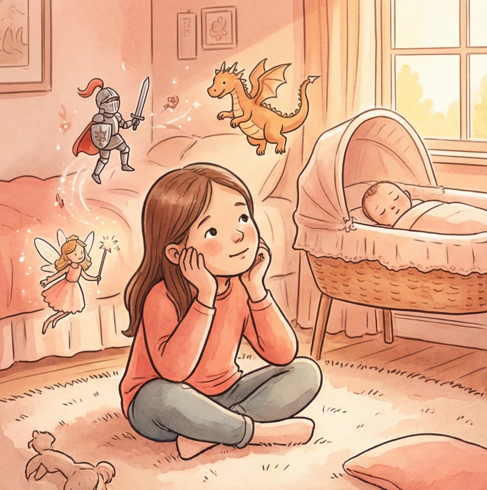 A big sibling reading a personalized bedtime story while parents hold the newborn