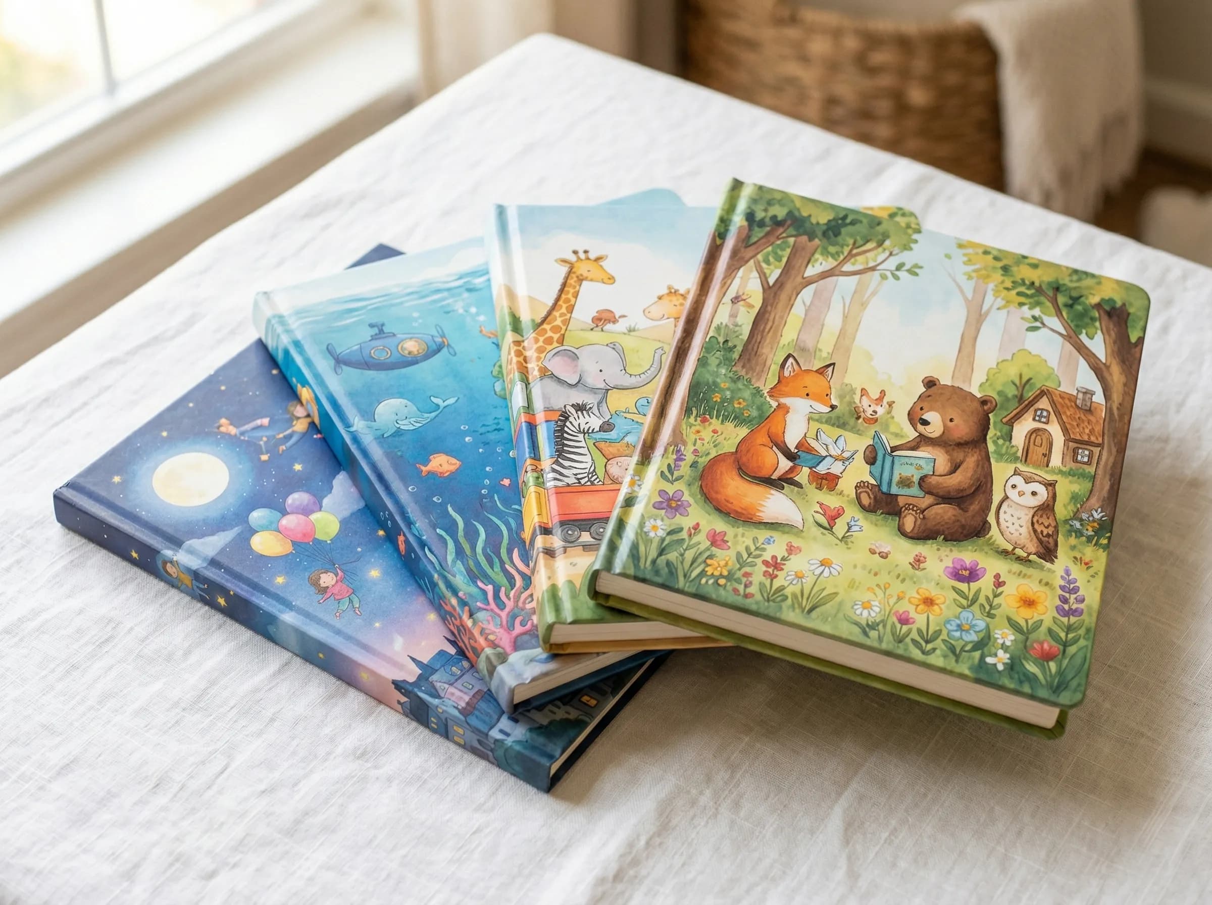Stack of personalized children's hardcover books arranged on a table