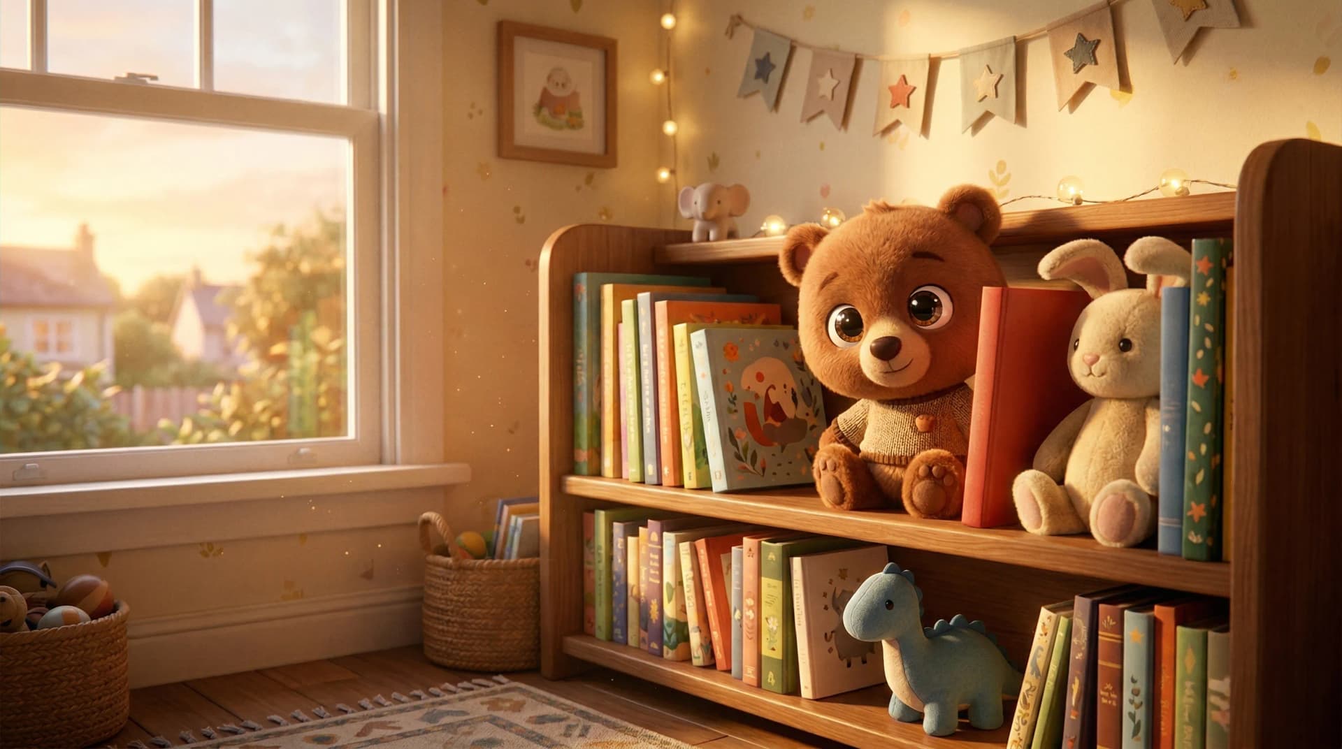 Personalized children's books displayed on a bookshelf