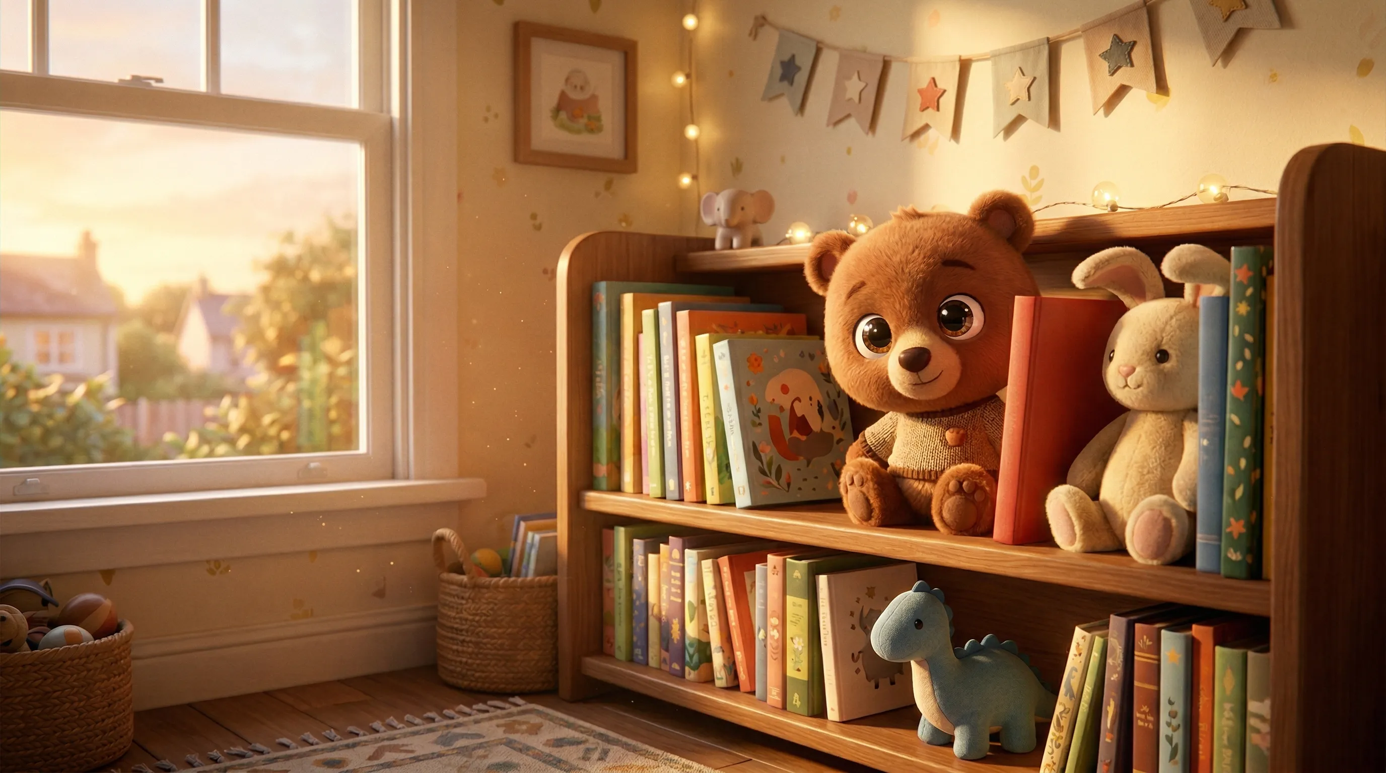 Personalized children's books displayed on a bookshelf