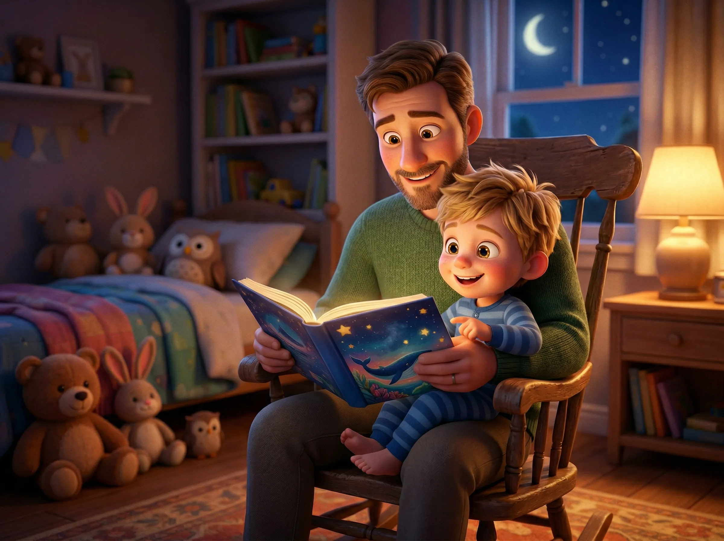 Father and son reading a personalized bedtime story together