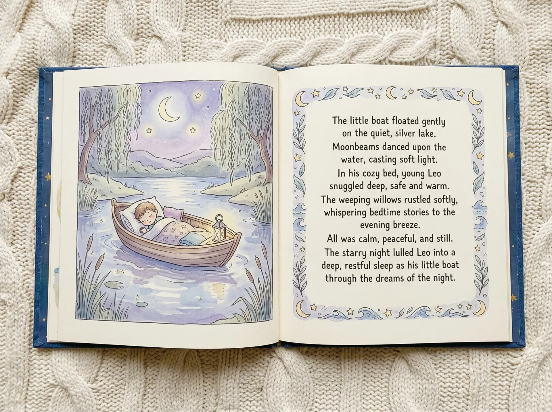 Open personalized bedtime story book showing watercolor interior spreads