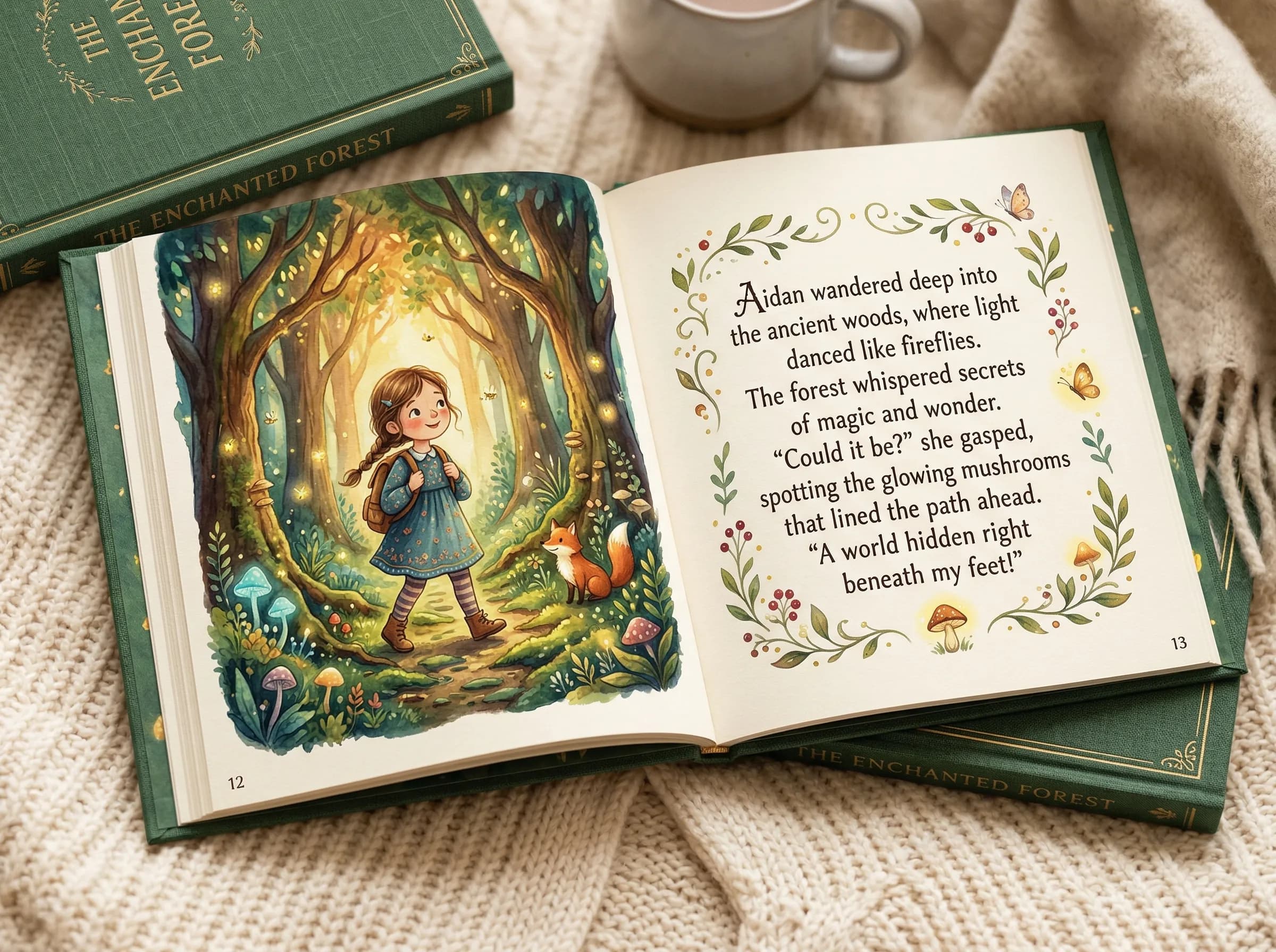 Open personalized story book showing interior illustrated spreads