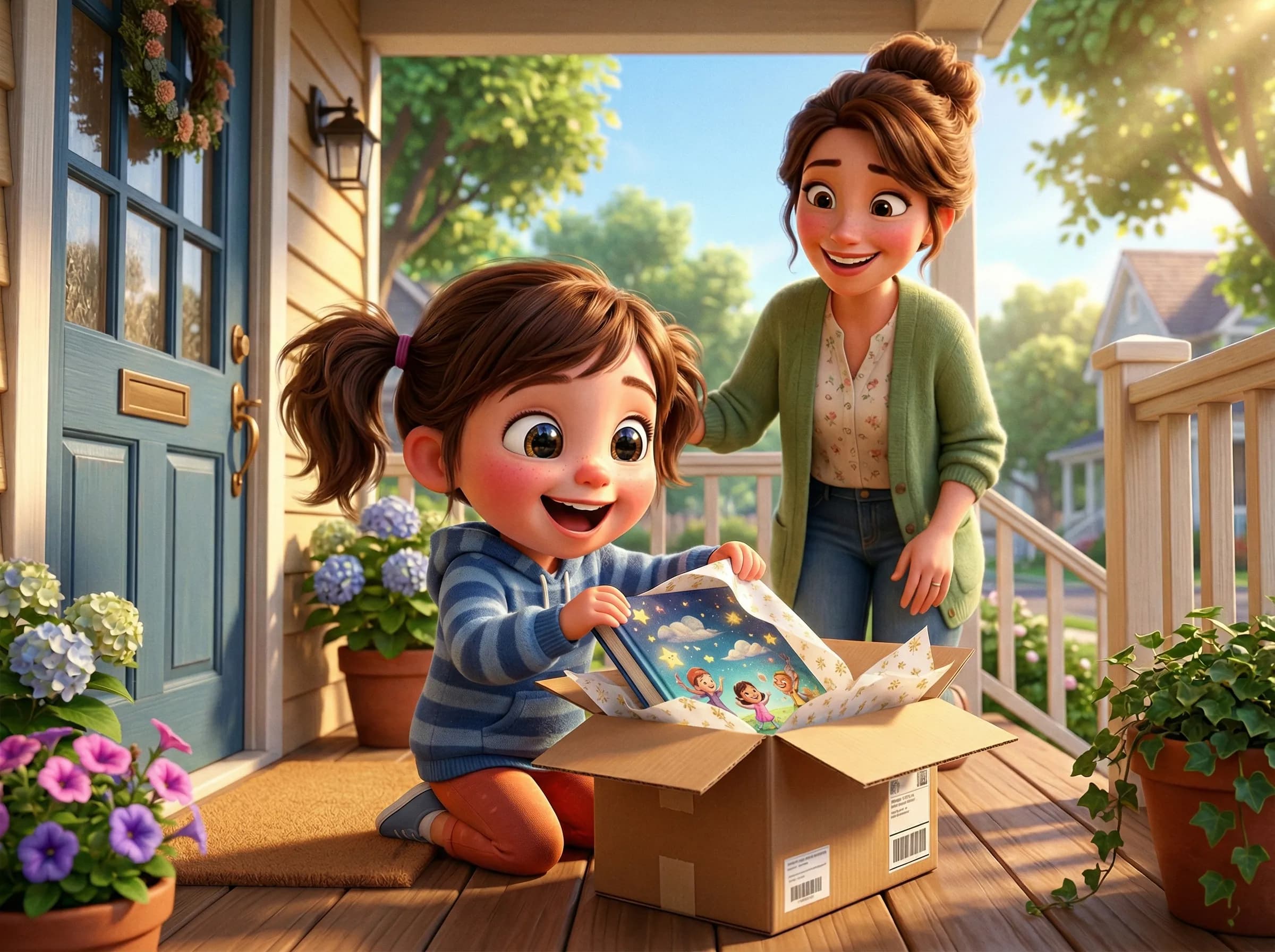 Child excitedly unboxing their personalized book