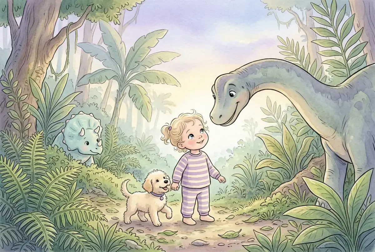 Noelle and her mini black schnauzer in a dinosaurs story