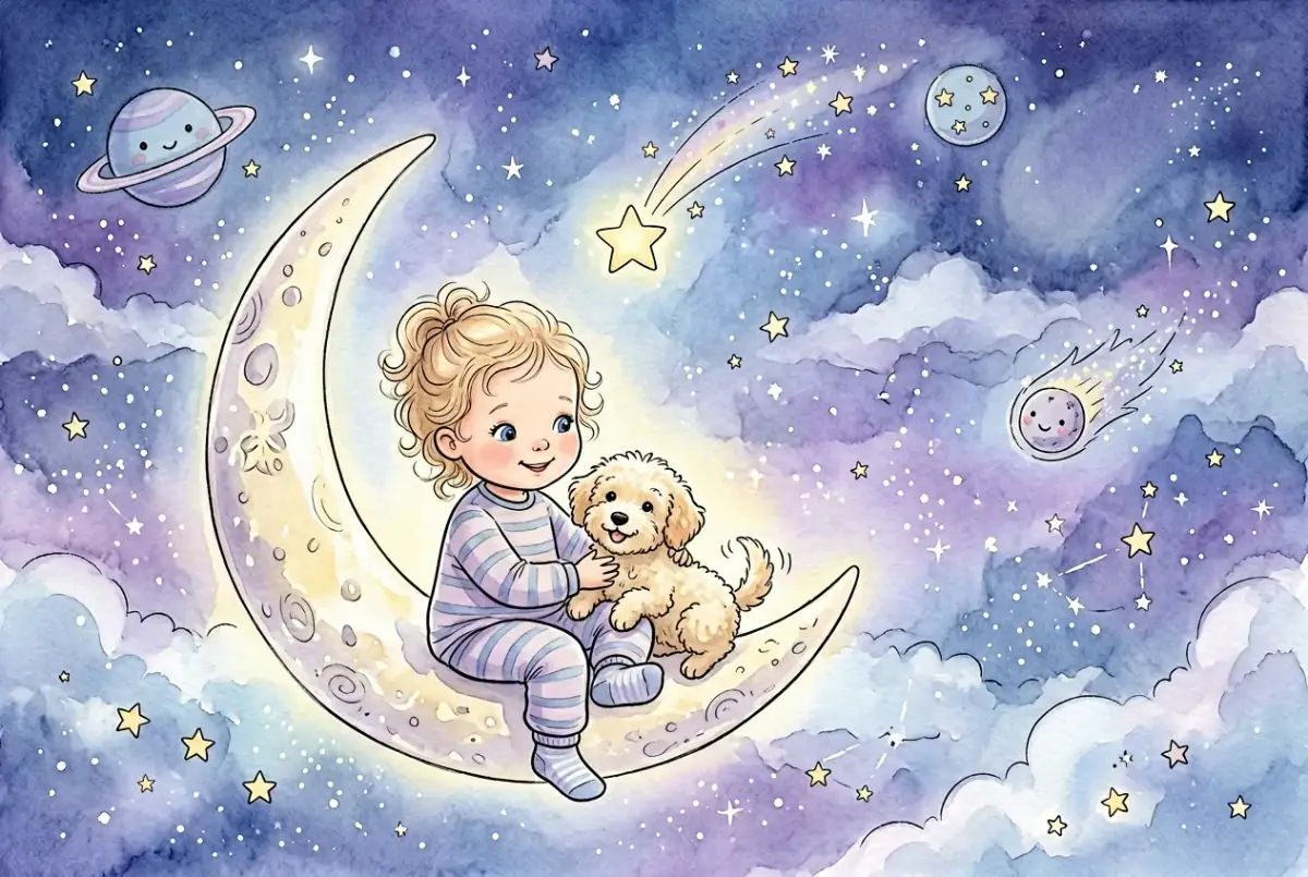Noelle and her mini black schnauzer in a outer space story